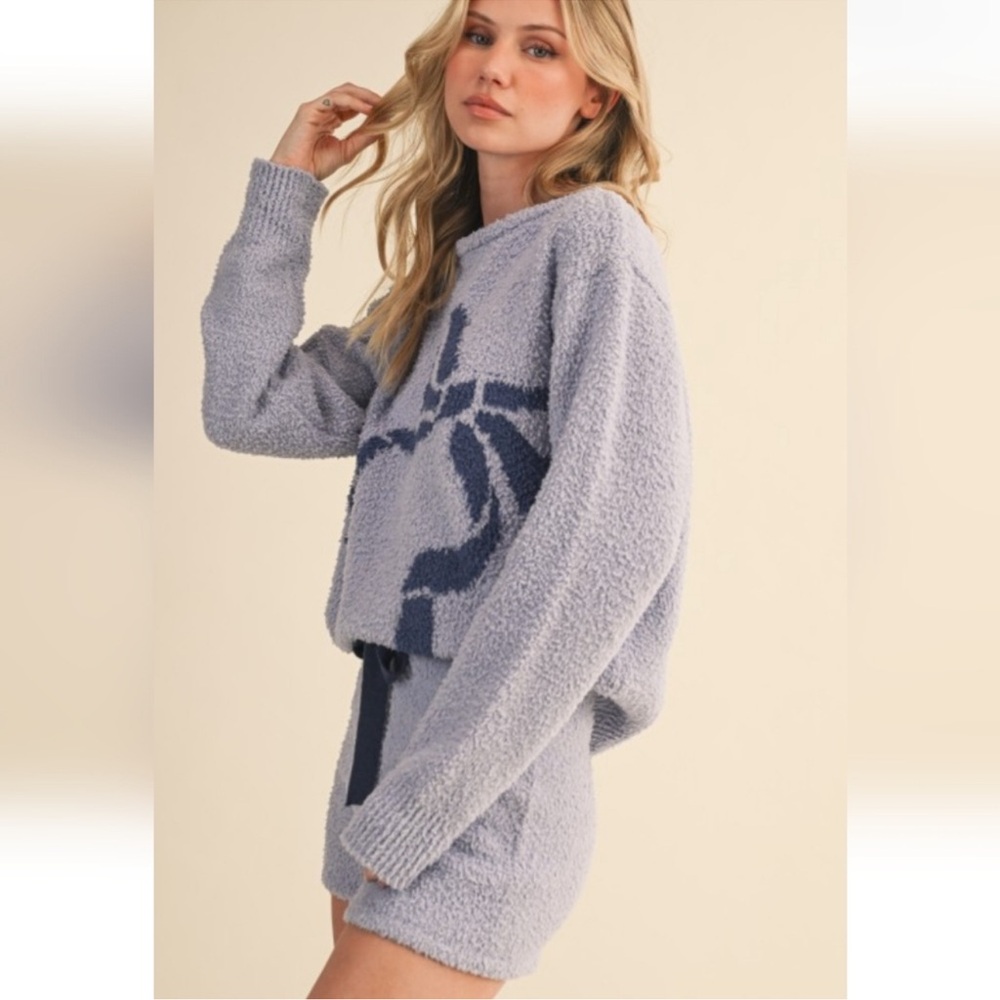 Klesis Bow Cozy Knit Lounge Set Blue Sweater Shorts Coquette NWT S - Picture 8 of 8